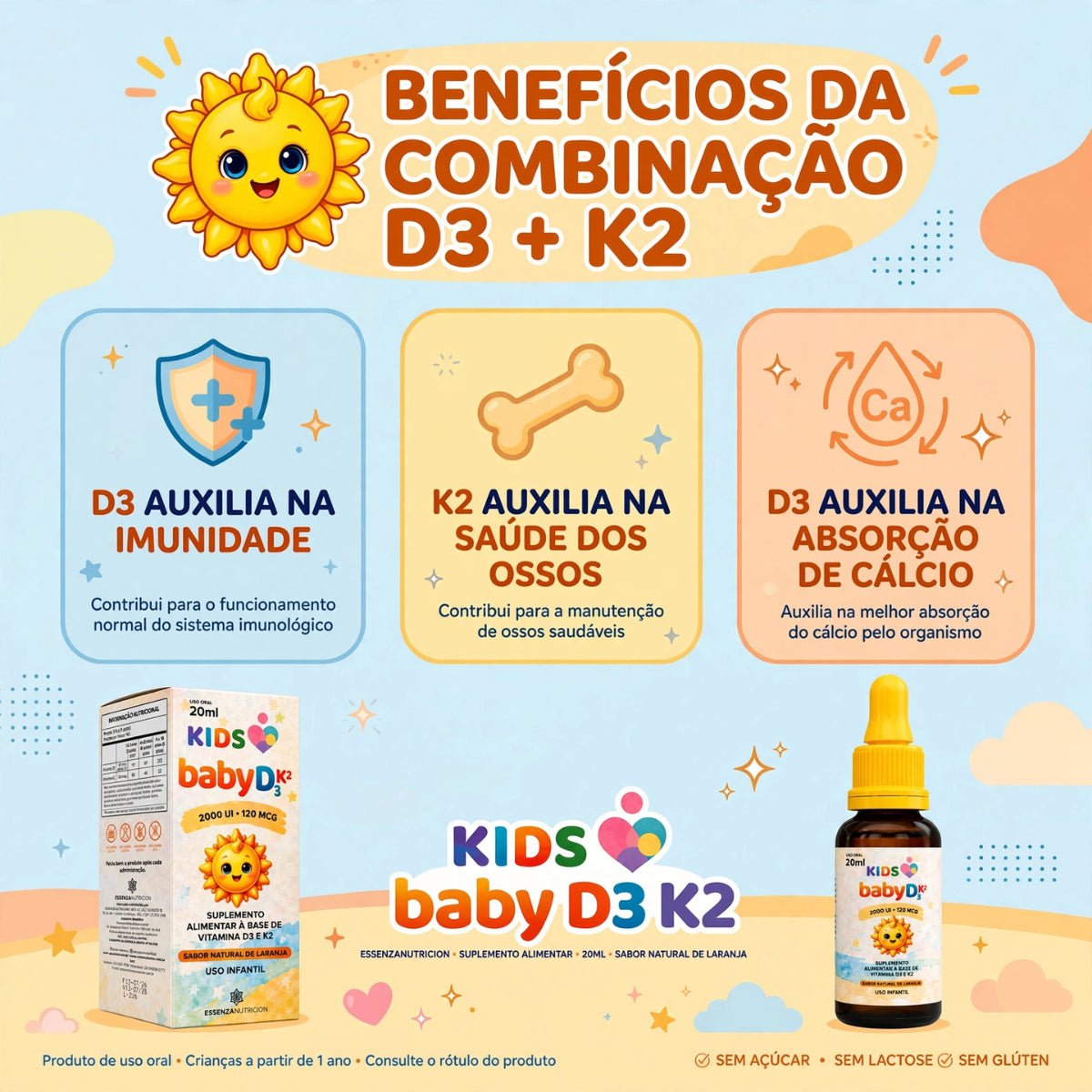 Baby DK 20ml - Vitamina D3 2000 UI + K2 120 MCG - Sabor Laranja - Linha Baby Essence