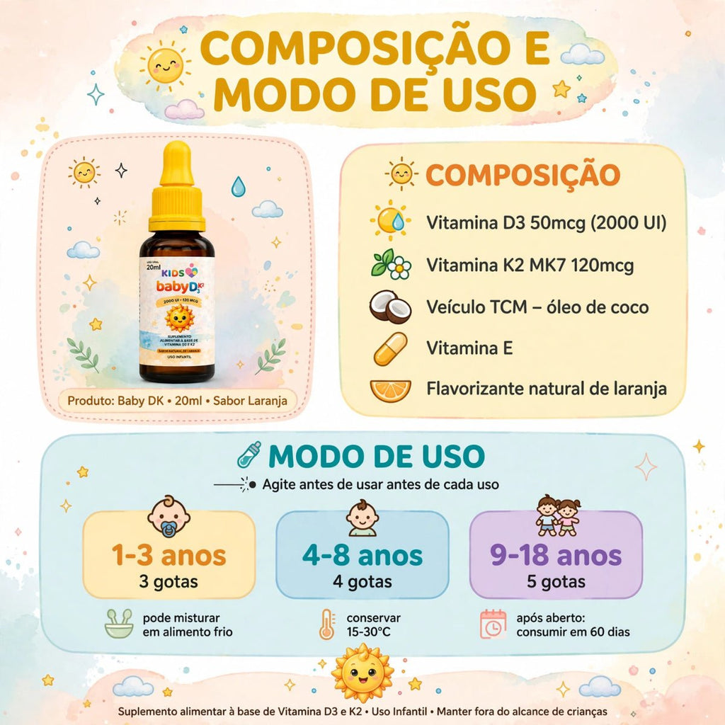 Baby DK 20ml - Vitamina D3 2000 UI + K2 120 MCG - Sabor Laranja - Linha Baby Essence