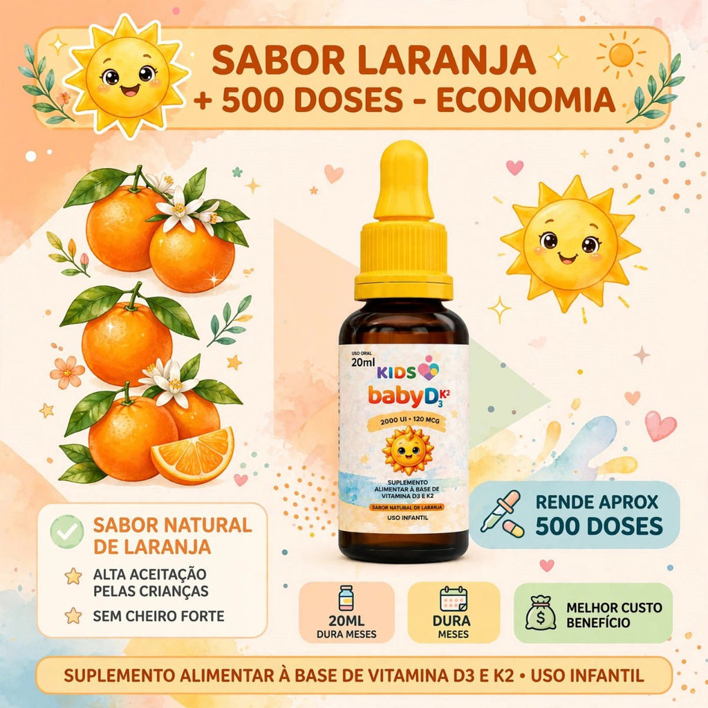 Baby DK 20ml - Vitamina D3 2000 UI + K2 120 MCG - Sabor Laranja - Linha Baby Essence