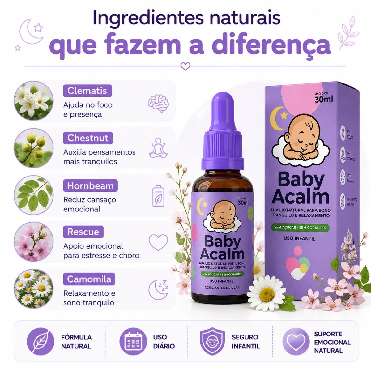 Baby Acalm 30ml - Auxílio Natural para Sono Profundo, Relaxamento e Equilíbrio Emocional - Linha Baby Essence