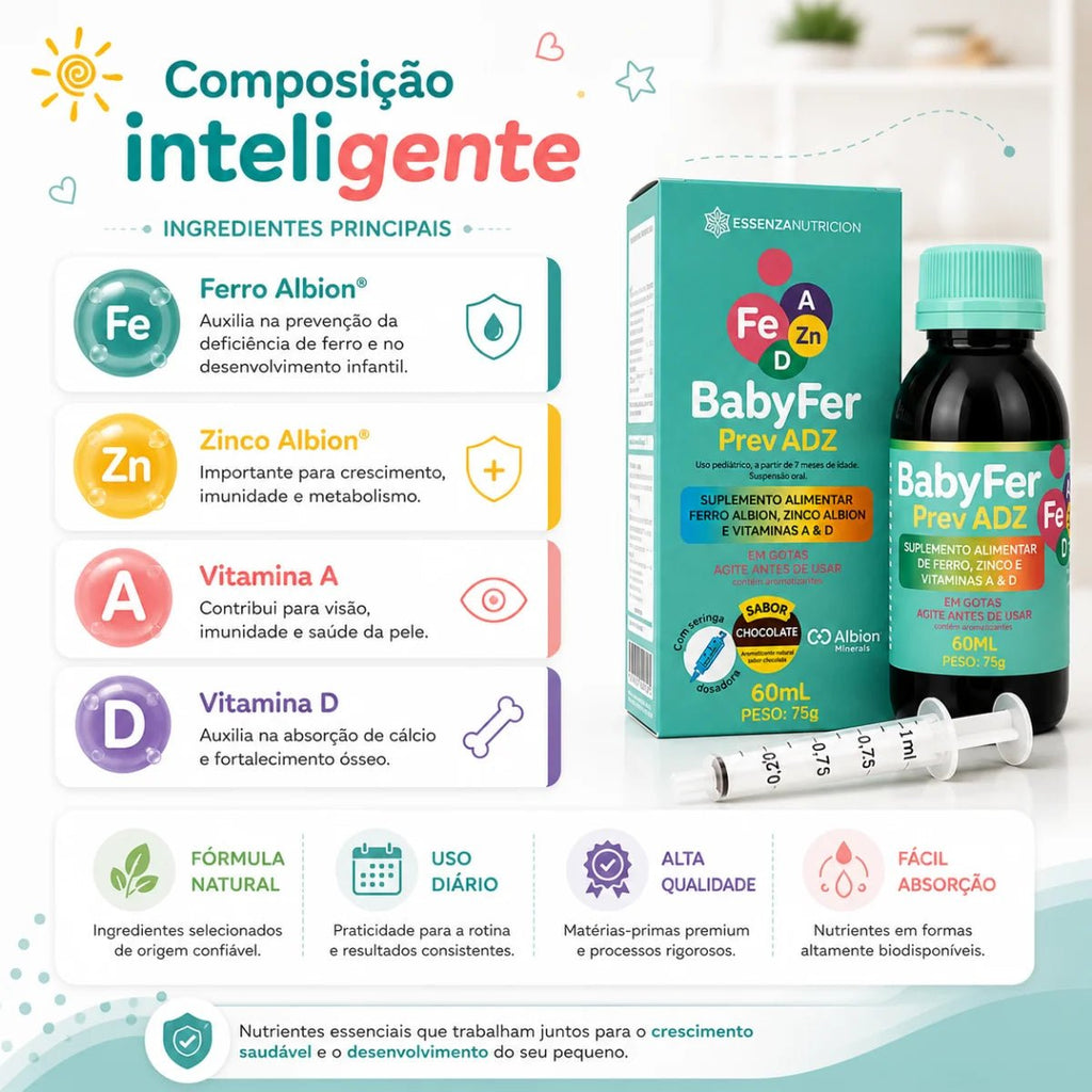 Baby Fer 60ml - Suplemento alimentar de Ferro Albion, Zinco Albion e Vitaminas A e D - Linha Baby Essence