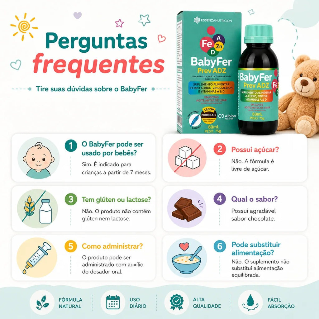 Baby Fer 60ml - Suplemento alimentar de Ferro Albion, Zinco Albion e Vitaminas A e D - Linha Baby Essence