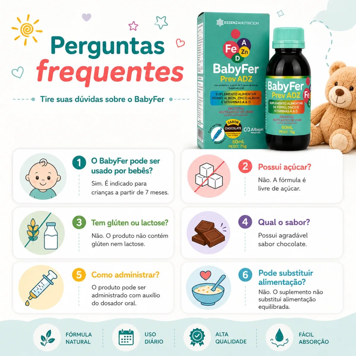 Baby Fer 60ml - Suplemento alimentar de Ferro Albion, Zinco Albion e Vitaminas A e D - Linha Baby Essence