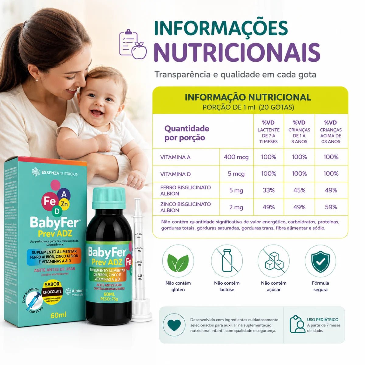 Baby Fer 60ml - Suplemento alimentar de Ferro Albion, Zinco Albion e Vitaminas A e D - Linha Baby Essence