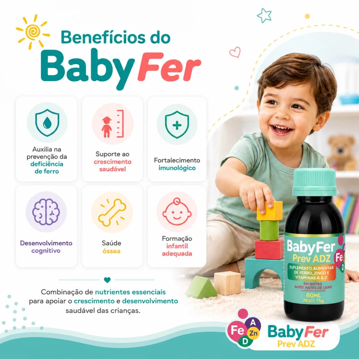 Baby Fer 60ml - Suplemento alimentar de Ferro Albion, Zinco Albion e Vitaminas A e D - Linha Baby Essence