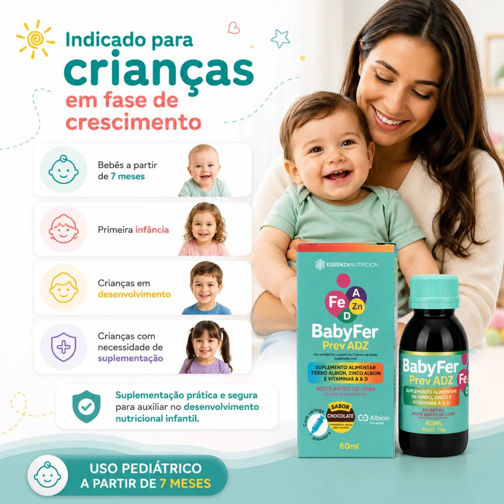 Baby Fer 60ml - Suplemento alimentar de Ferro Albion, Zinco Albion e Vitaminas A e D - Linha Baby Essence