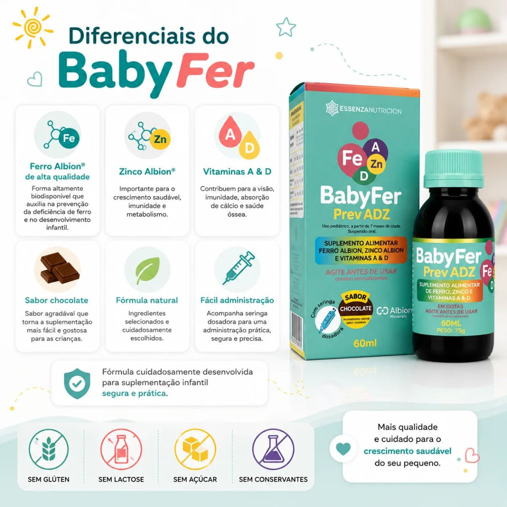 Baby Fer 60ml - Suplemento alimentar de Ferro Albion, Zinco Albion e Vitaminas A e D - Linha Baby Essence