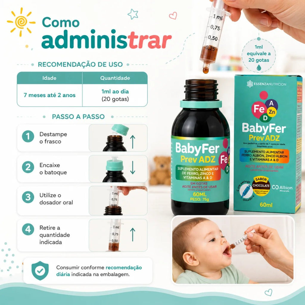 Baby Fer 60ml - Suplemento alimentar de Ferro Albion, Zinco Albion e Vitaminas A e D - Linha Baby Essence