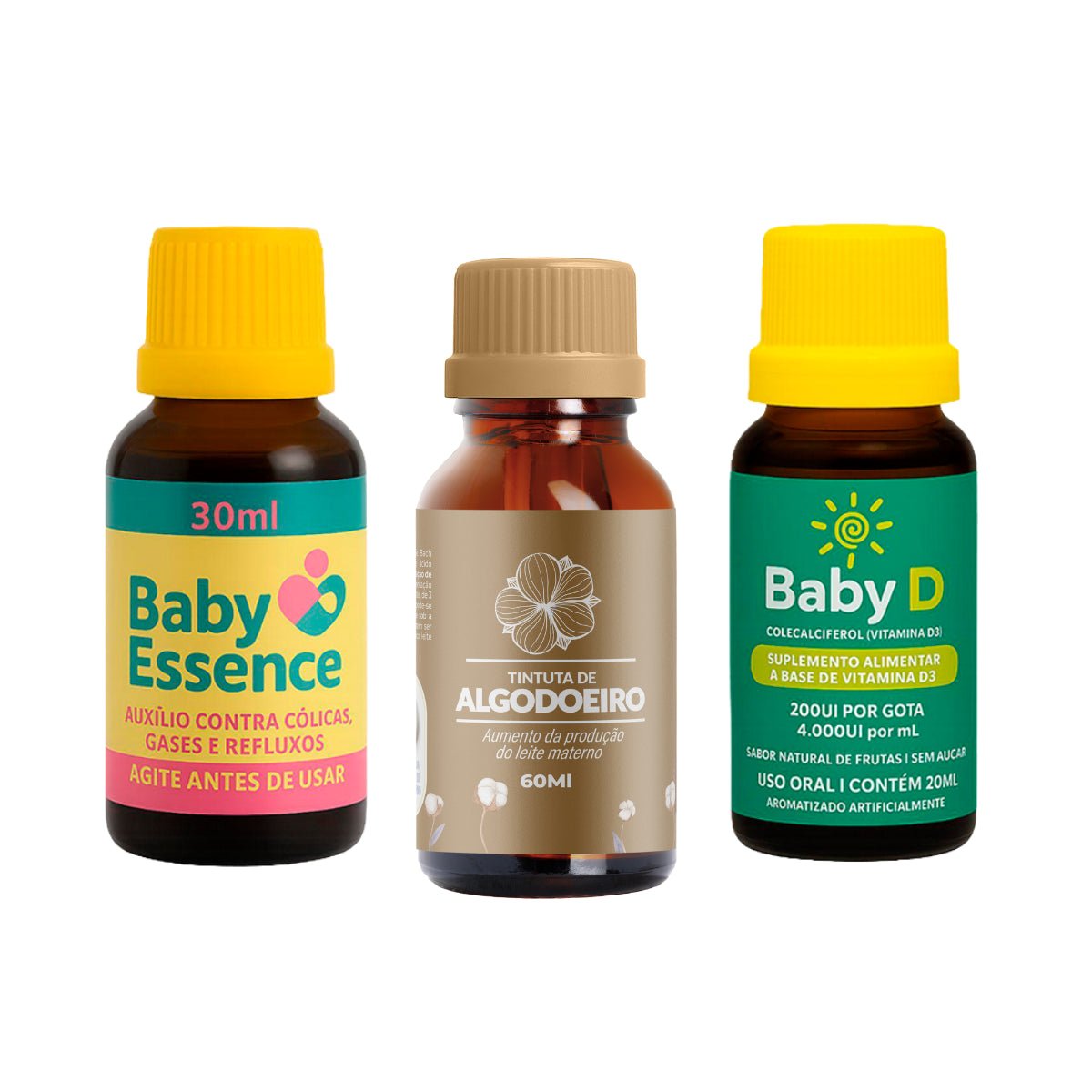 Kit Primeiros Cuidados Mamãe & Bebê: Tintura de Algodoeiro + Baby Essence + Baby D - Linha Baby Essence