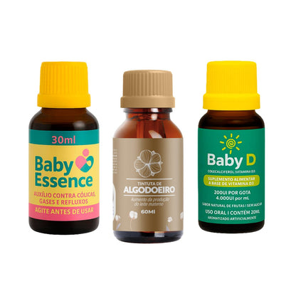 Kit Primeiros Cuidados Mamãe & Bebê: Tintura de Algodoeiro + Baby Essence + Baby D - Linha Baby Essence