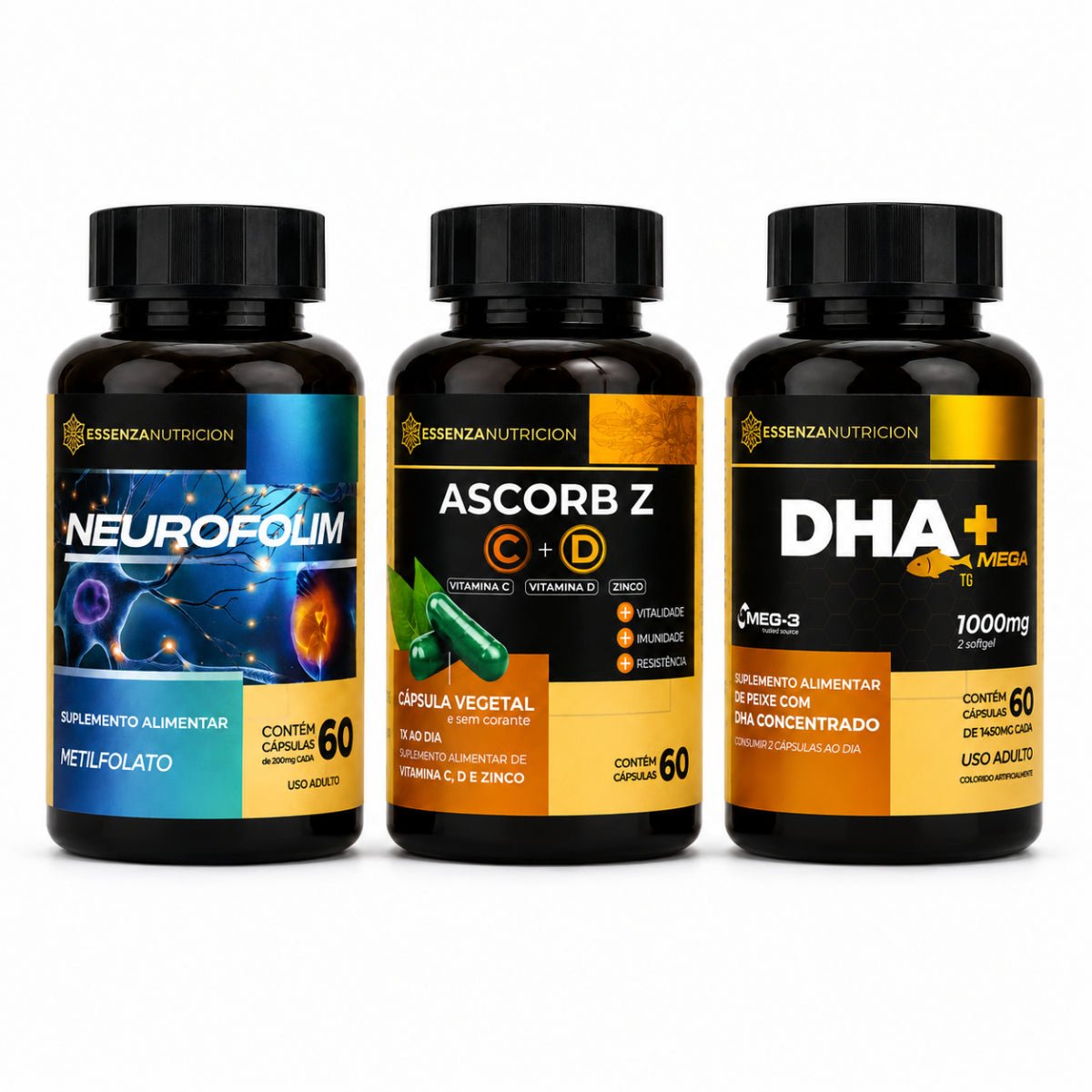 Kit Gestação Premium: Neurofolim + Ascorb Z + DHA+ - Linha Baby Essence