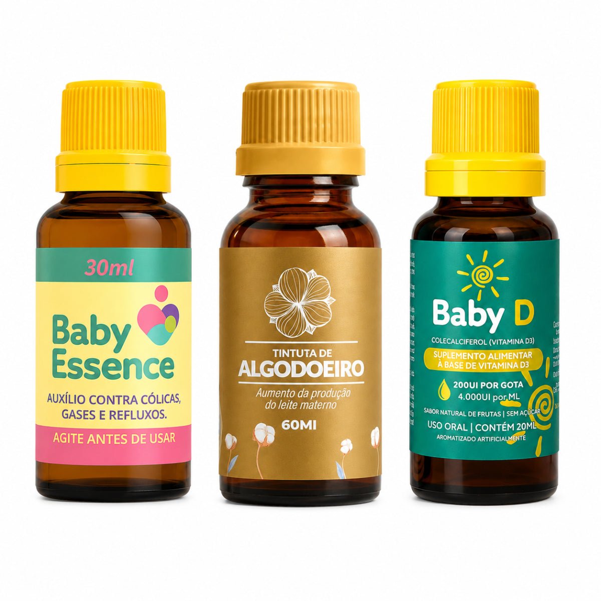 Kit Primeiros Cuidados Mamãe & Bebê: Tintura de Algodoeiro + Baby Essence + Baby D - Linha Baby Essence